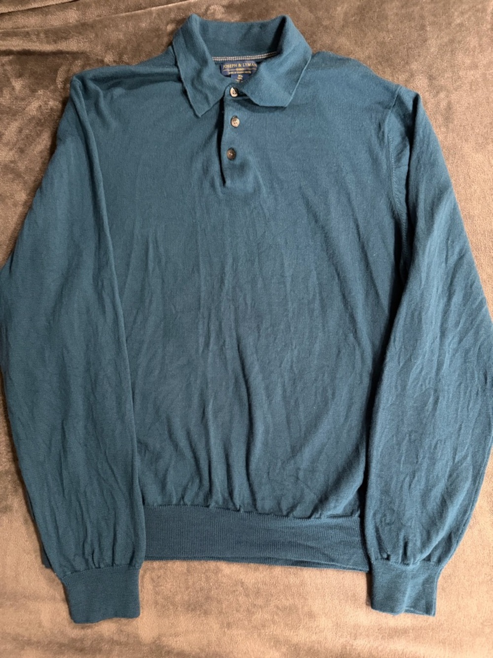 Joseph &Lyman Teal Long Sleeve 100% Italian merino classic sweater polo, mens XL
